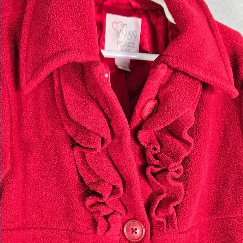 Girls Red Peacoat Children's Place Ruffle Winter Coat Buttons Satin Lined Fleece
